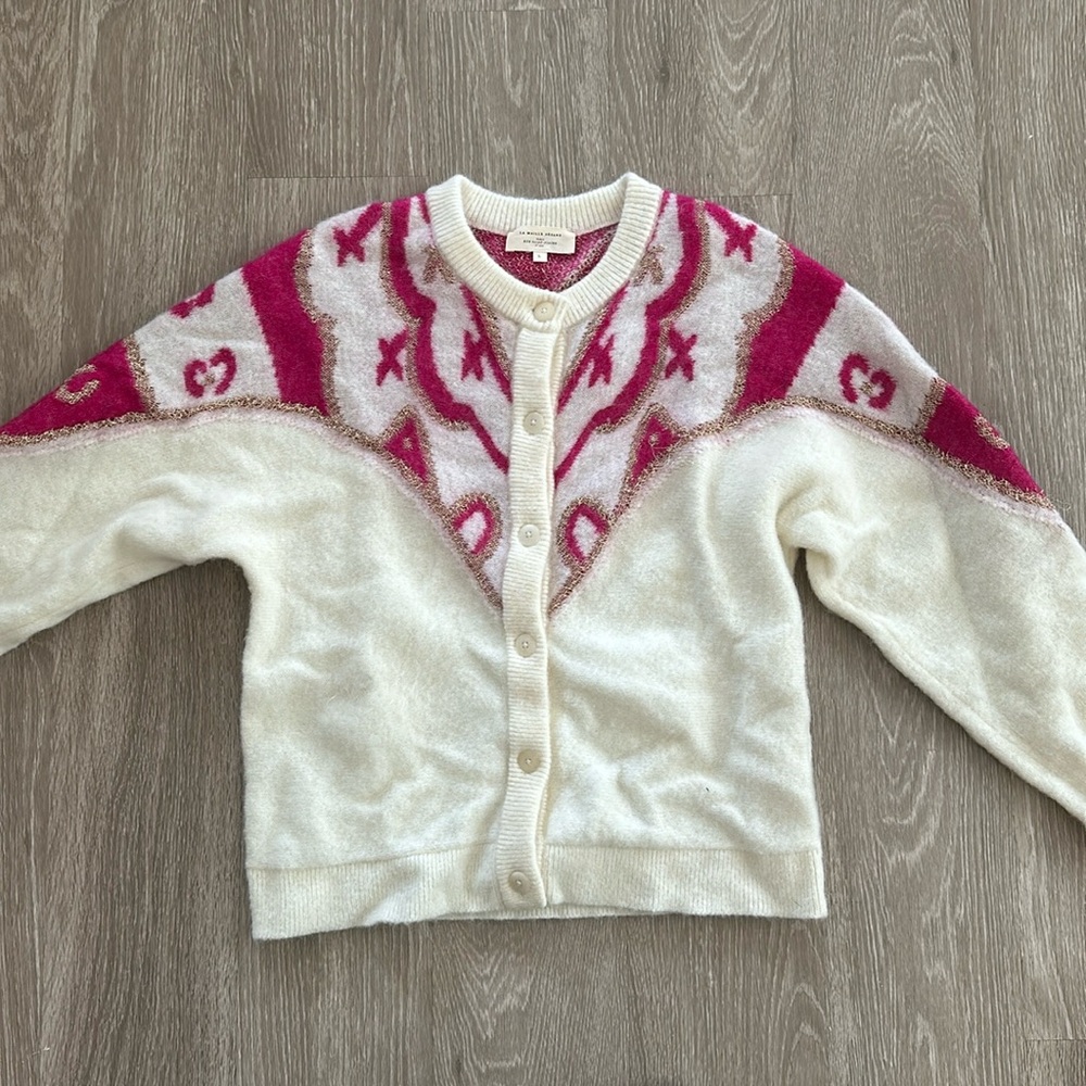 SEZANE "Margaux" Mohair Cardigan Sweater Pink Ecru Gold Size L